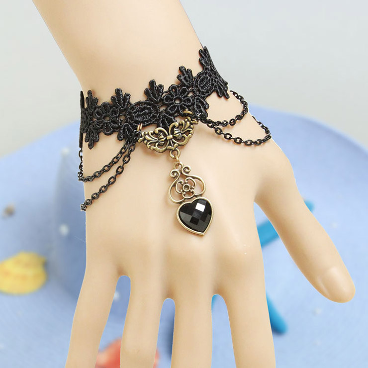 Vintage Bracelet, Gothic Bracelet, Cheap Wristband, Vintage Black Lace Bracelet, Victorian Bracelet, Retro Metal Ring Bracelet, #J17855