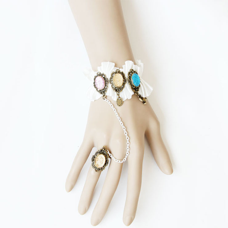 Vintage Lace Wristband Victorian Jewel Embellishment Bracelet with Ring J17858