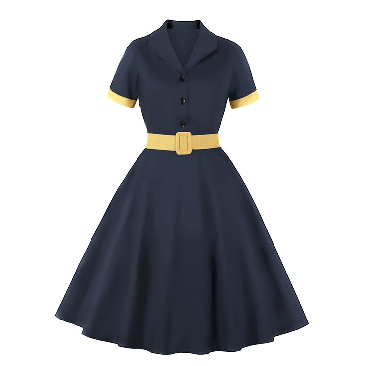 1960s Retro Solid Color Lapel Short Sleeves High Waist Cocktail Swing Dress With Belt N21713