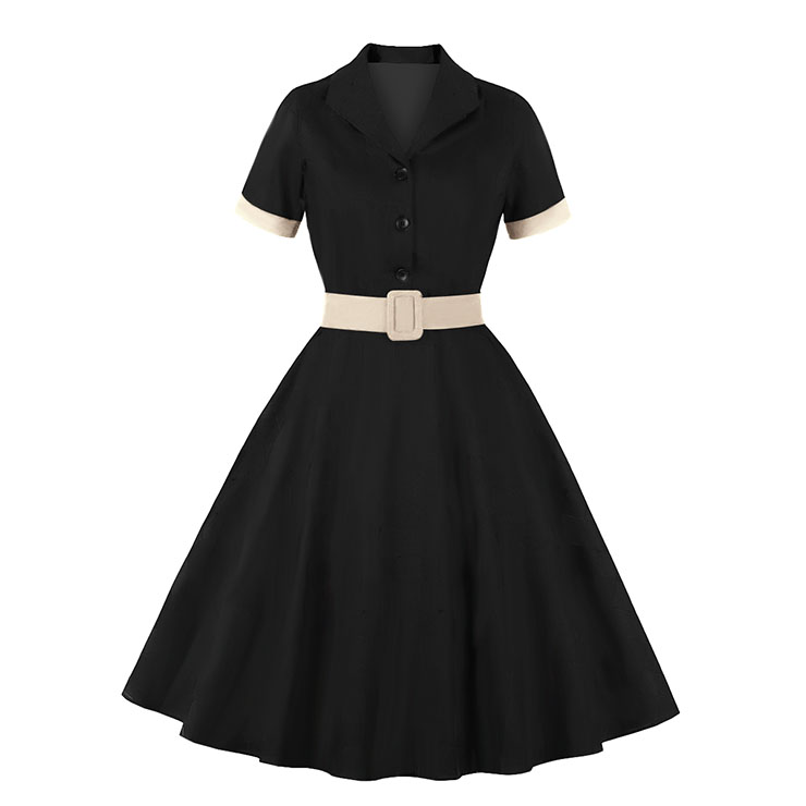 1960s Retro Solid Color Lapel Short Sleeves High Waist Cocktail Swing Dress With Belt N21714