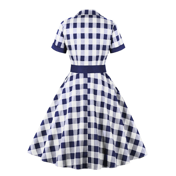 Vintage Cocktail Party Dress, Vintage Dresses for Women, Sexy Dresses for Women Cocktail Party, Vintage High Waist Dress, Short Sleeves Swing Daily Dress, Vintage Plaid Printed Swing Dress, #N21714