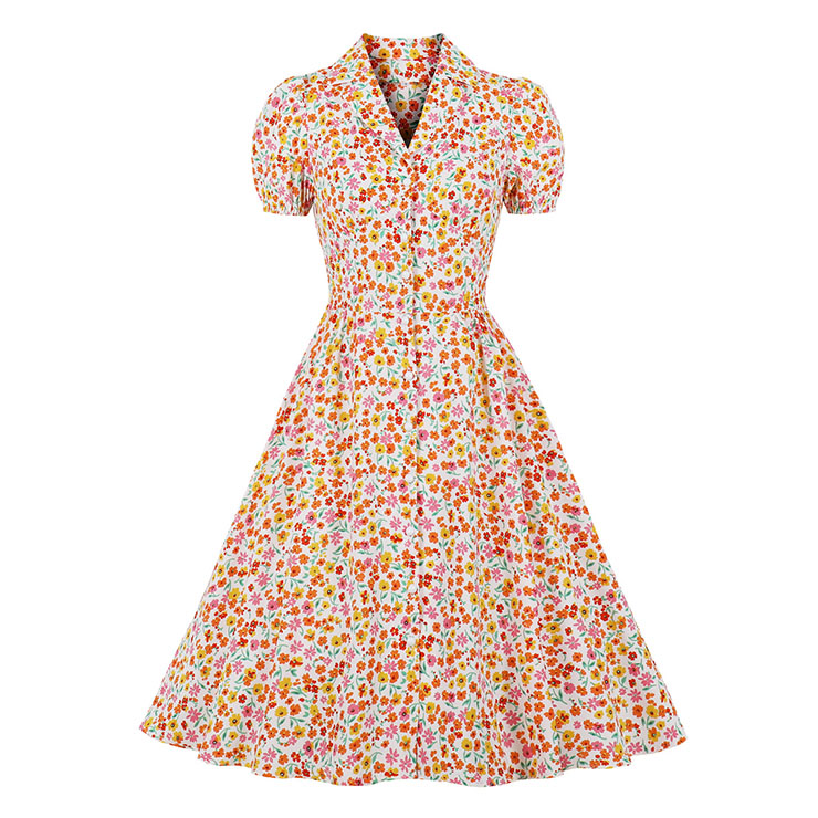 Vintage Floral Print Lapel Puff Sleeve Front Button High Waist Rockabilly Daily A-line Dress N22107