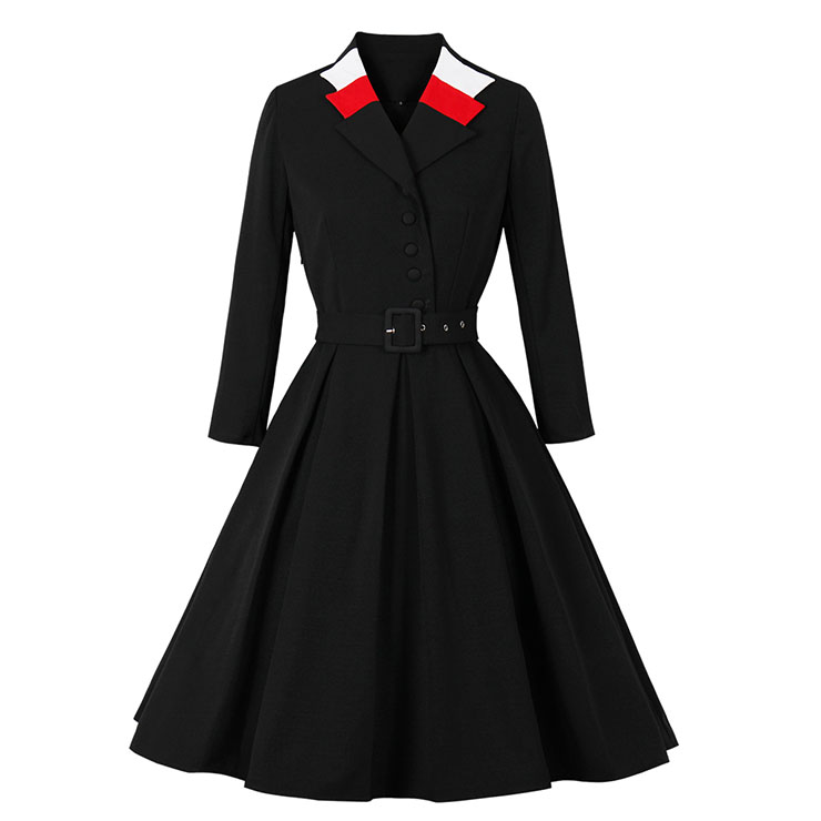 Elegant Lapel Front Button Long Sleeves High Waist Belted Vintage Fall/Winter Midi Dress N21501