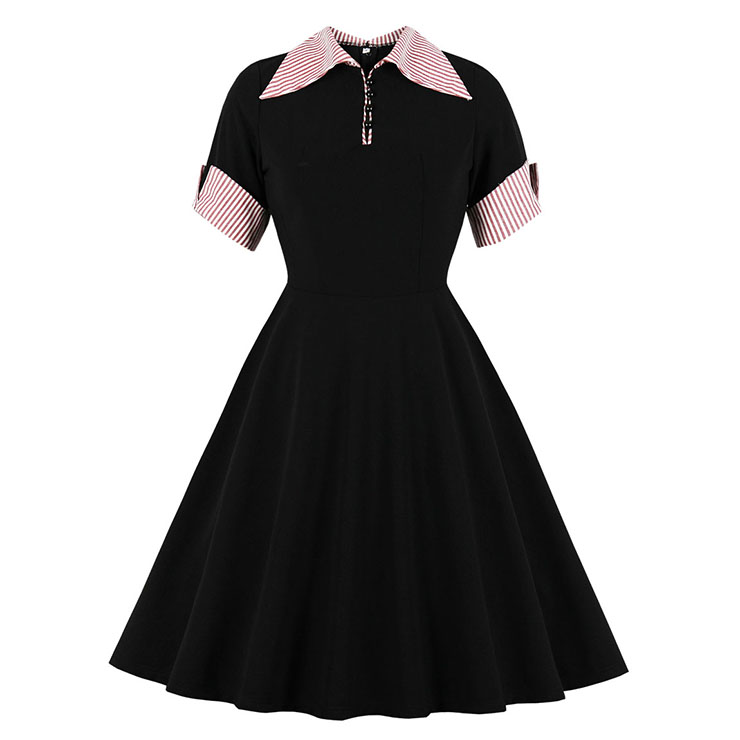Vintage Turn-down Collar Front Button Set-in Short Sleeve A-line Swing Dress N19803