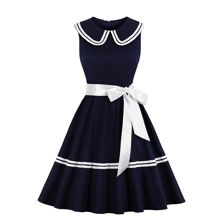 Vintage Dark-blue Lapel Sleeveless High Waist Belt Midi A-line Swing Dress N20030
