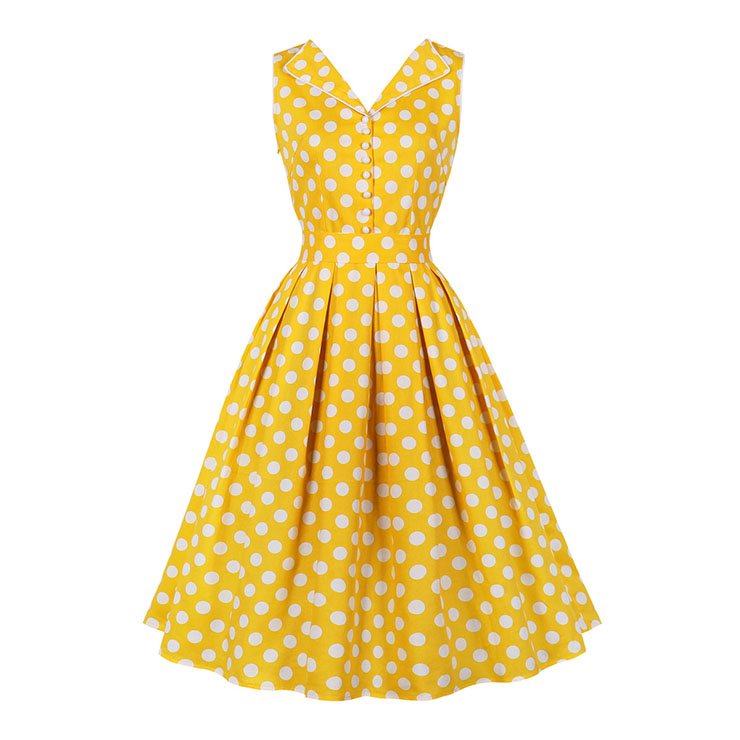 1950s Vintage Lapel and V Back Button Bodice Polka Dots Sleeveless Cocktail Swing Dress N21849