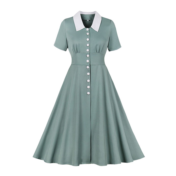 1950s Vintage Lapel Short Sleeve Front Button High Waist Office Lady Daily Midi Dress N22088