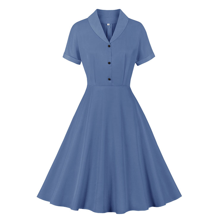 Vintage Solid Color Lapel Button Bodice Short Sleeve High Waist Summer Daily Swing Dress N22118