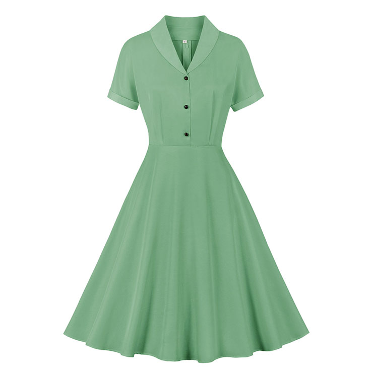 Vintage Solid Color Lapel Button Bodice Short Sleeve High Waist Summer Daily Swing Dress N22119
