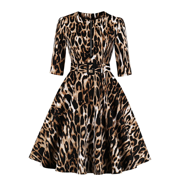 Vintage Leopard Print Front Zipper Round Neck Half Sleeve High Waist Dress with Belt N18670