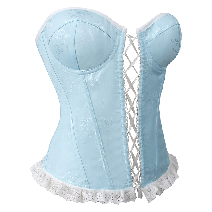 Vintage corset, Light blue bodysuit, Adjustable lace-up back, Floral pattern lingerie, Satin corset top, Hourglass shapewear, Retro lingerie set, Themed party costume, Women