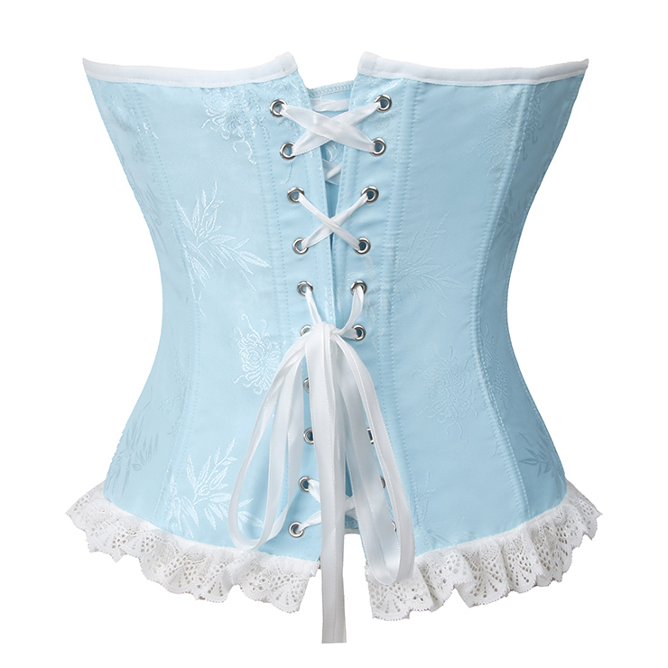 Vintage corset, Light blue bodysuit, Adjustable lace-up back, Floral pattern lingerie, Satin corset top, Hourglass shapewear, Retro lingerie set, Themed party costume, Women