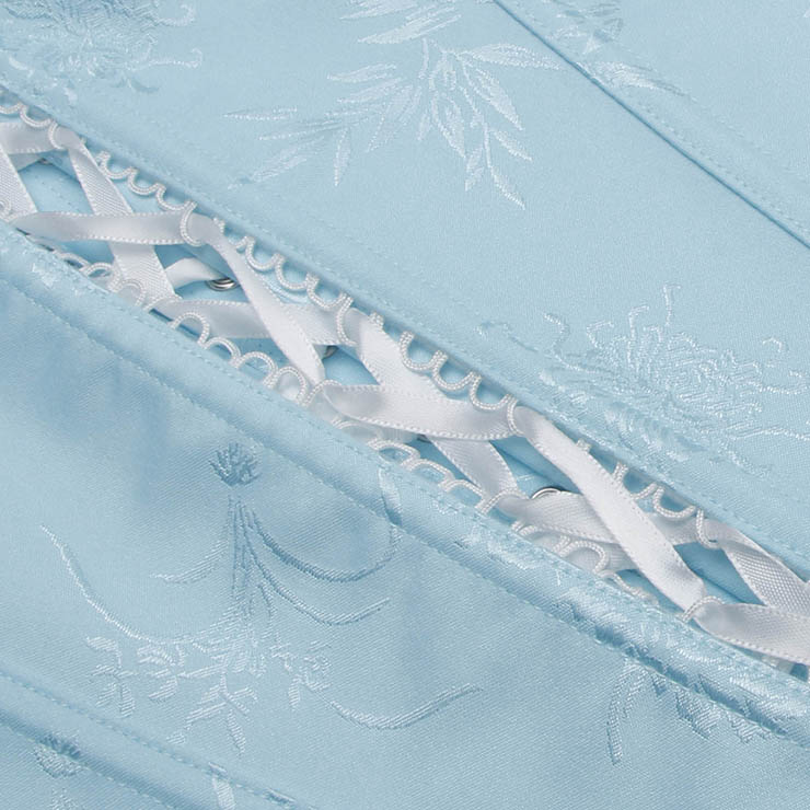 Vintage corset, Light blue bodysuit, Adjustable lace-up back, Floral pattern lingerie, Satin corset top, Hourglass shapewear, Retro lingerie set, Themed party costume, Women