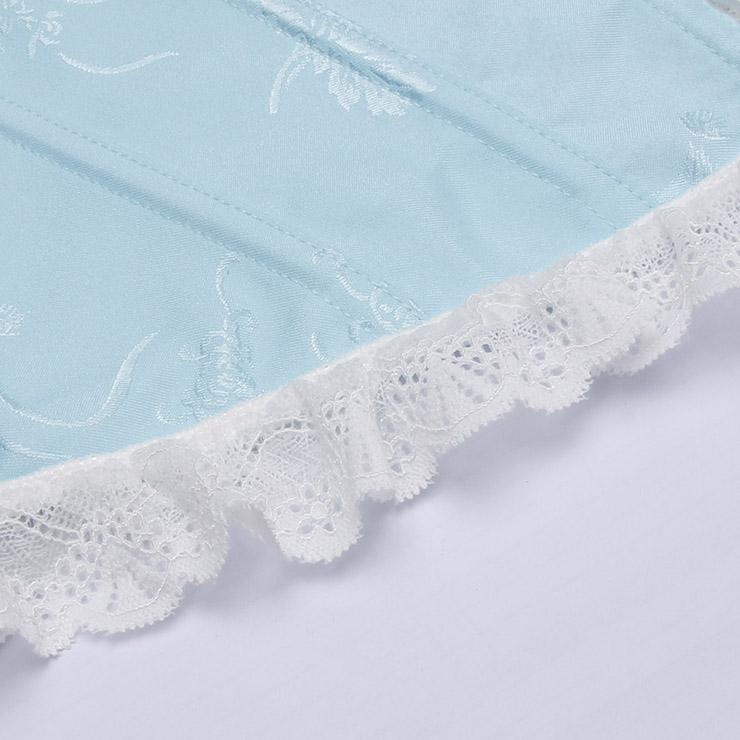Vintage corset, Light blue bodysuit, Adjustable lace-up back, Floral pattern lingerie, Satin corset top, Hourglass shapewear, Retro lingerie set, Themed party costume, Women