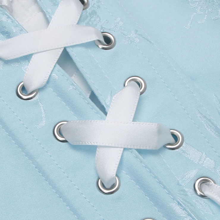 Vintage corset, Light blue bodysuit, Adjustable lace-up back, Floral pattern lingerie, Satin corset top, Hourglass shapewear, Retro lingerie set, Themed party costume, Women