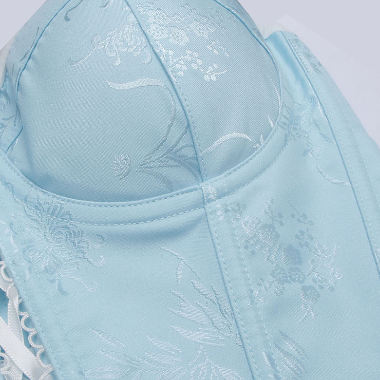 Vintage corset, Light blue bodysuit, Adjustable lace-up back, Floral pattern lingerie, Satin corset top, Hourglass shapewear, Retro lingerie set, Themed party costume, Women
