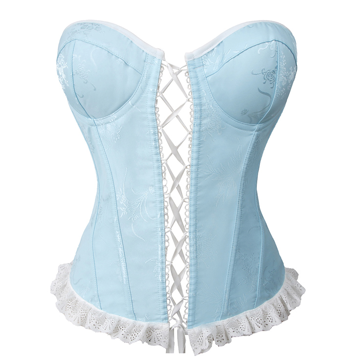 Vintage Light Blue Corset Bodysuit - Floral Pattern Lace Trim with Adjustable Lace-up Back N237832