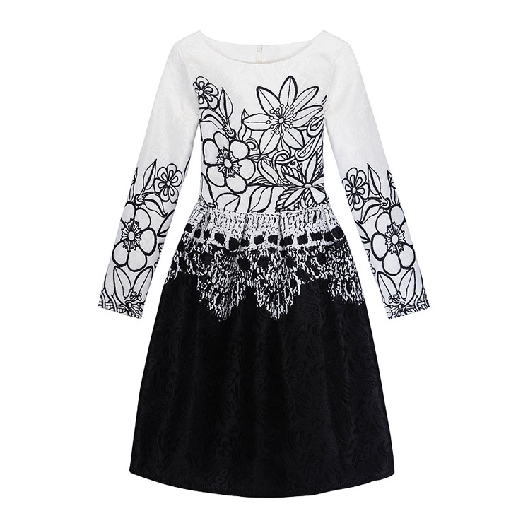 Girl's Vintage Long Sleeve Round Collar Black Floral Print A-Line Dress N15528
