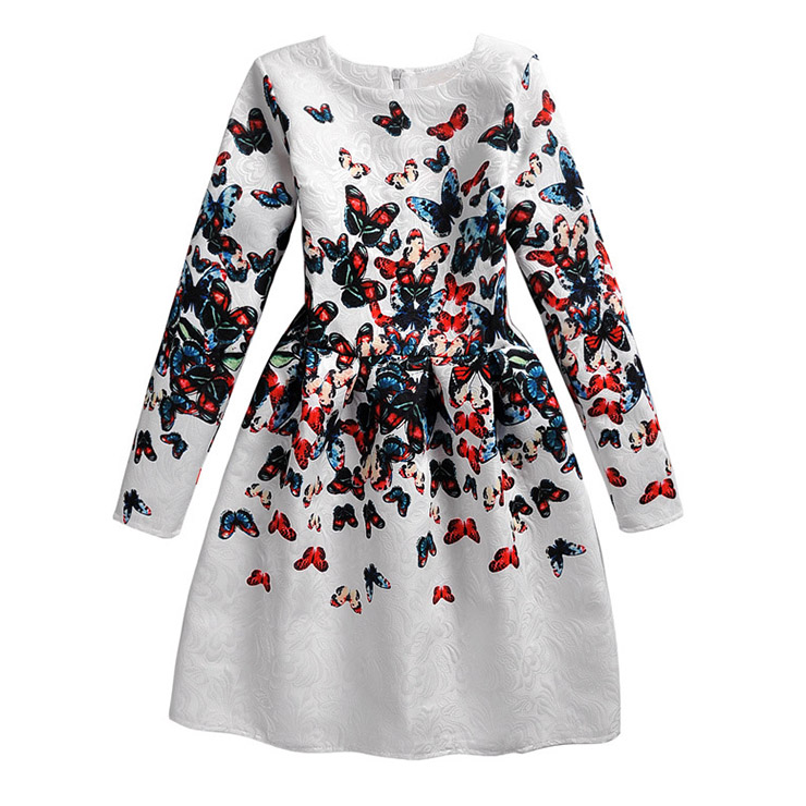 Girl's Vintage Long Sleeve Round Collar Butterfly Print A-Line Dress N15498