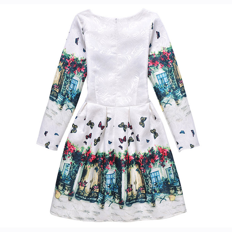 Rose Print Dress, Long Sleeve Dress, Round Collar Dress, Girls Lovely Dress, Vintage Dresses for Girls, Girls Swing Dress, Back Zipper Dress, A-Line Dress, #N15519