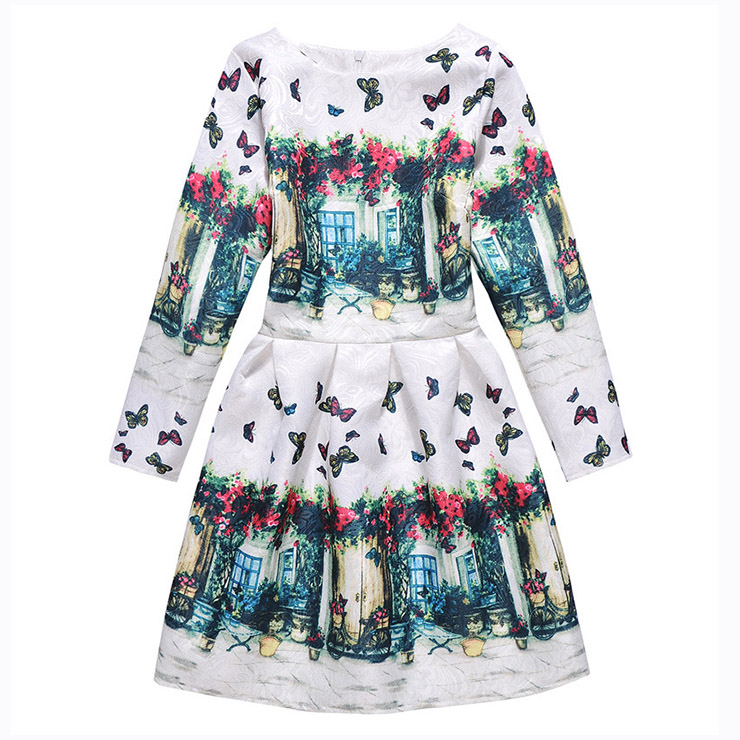 Girl's Vintage Long Sleeve Round Collar Retro Floral Print A-Line Dress N15519
