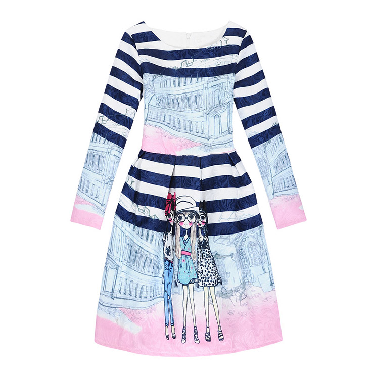 Girl's Vintage Long Sleeve Round Collar Stripe Cartoon Print A-Line Dress N15527