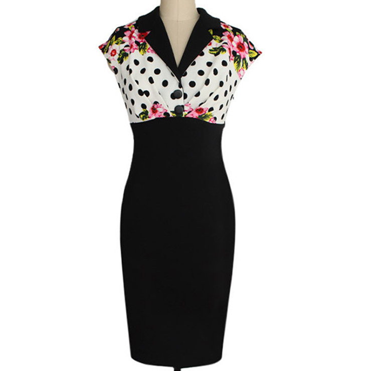 1950's Retro Polka Dot Floral Rockabilly Party Midi Pencil Dress N12077
