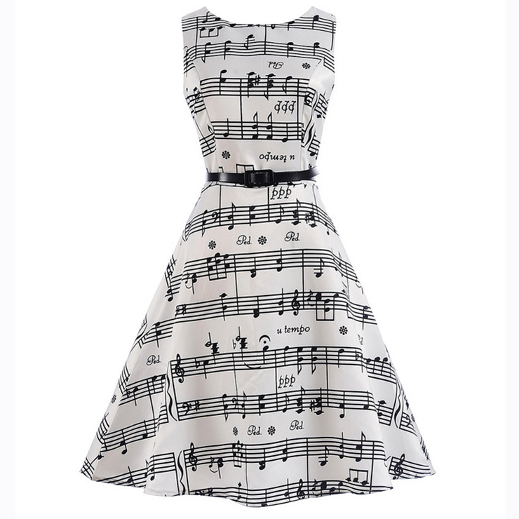 Girl's Vintage Music Note Print Sleeveless Round Collar Swing Dress N15483