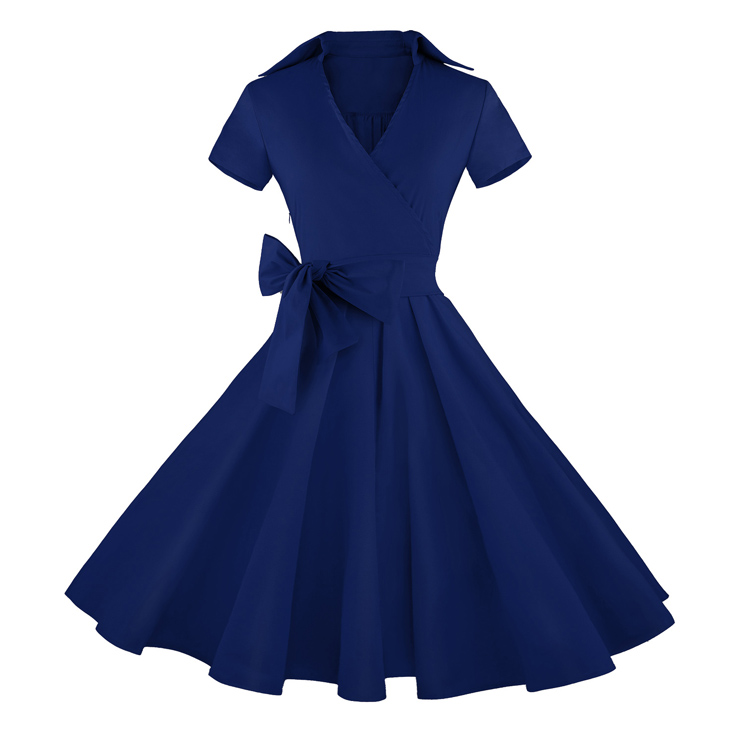 Vintage Navy Blue Short Sleeves Swing Rockabilly Ball Party Casual