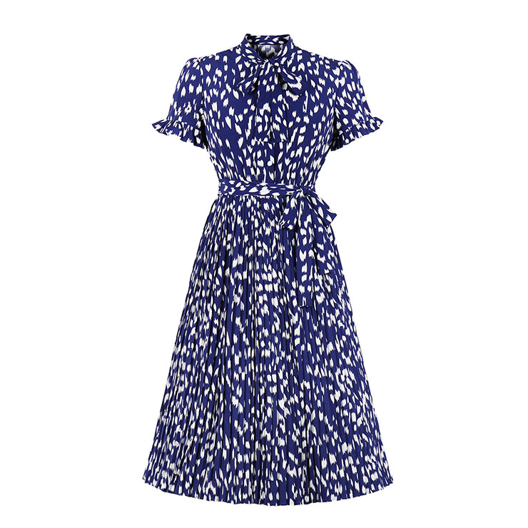 Sexy Navy-blue Bow-knot Tie Collar Short Sleeve Print Slim Waist Belt Midi Dress N20834