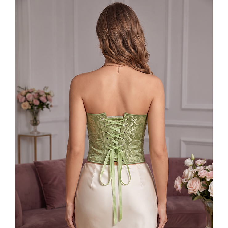 Olive Green Corset, Jacquard Bustier, Strapless Top, Vintage Floral, Back Lace Up, Hourglass Shape, Women