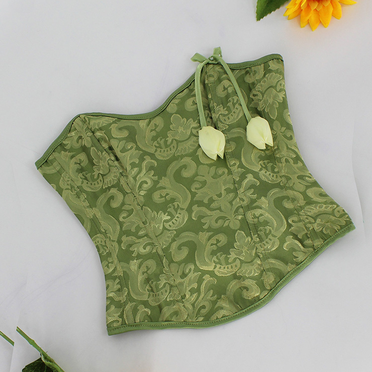 Olive Green Corset, Jacquard Bustier, Strapless Top, Vintage Floral, Back Lace Up, Hourglass Shape, Women