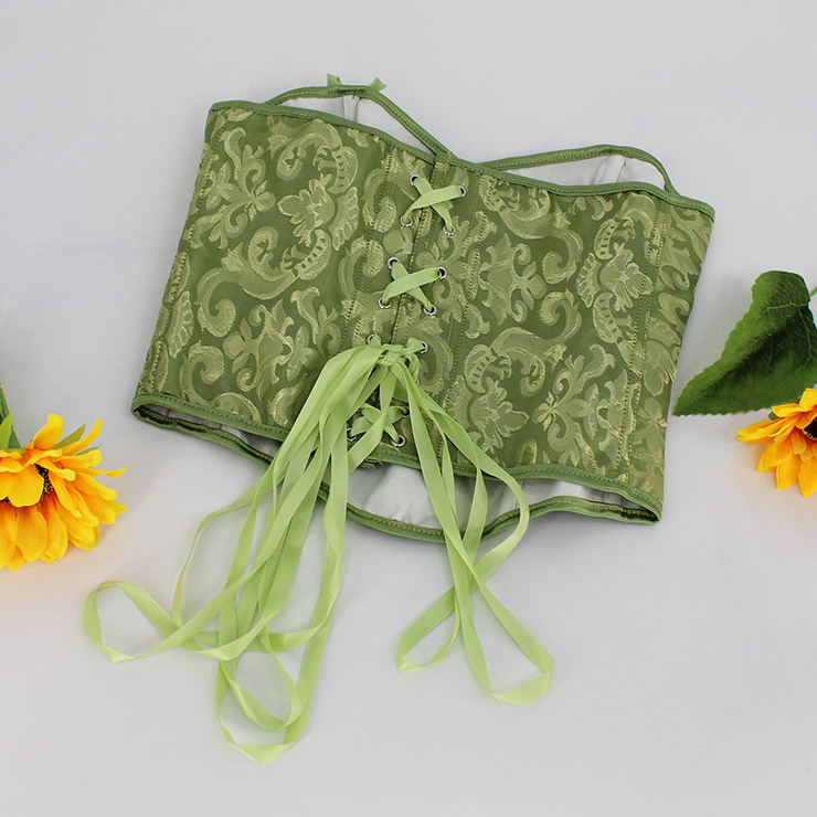 Olive Green Corset, Jacquard Bustier, Strapless Top, Vintage Floral, Back Lace Up, Hourglass Shape, Women