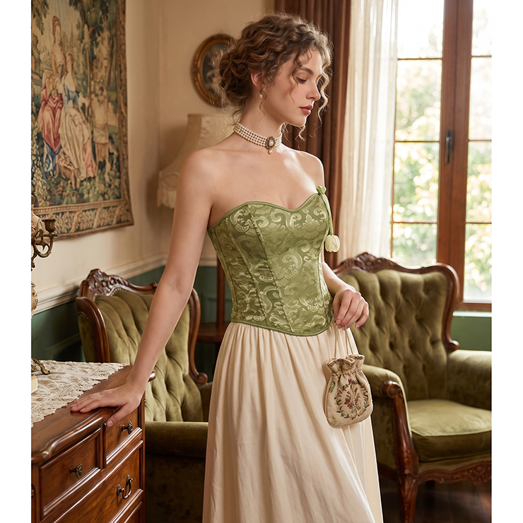 Olive Green Corset, Jacquard Bustier, Strapless Top, Vintage Floral, Back Lace Up, Hourglass Shape, Women