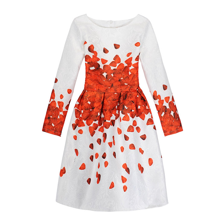 Girl's Vintage Petal Print Long Sleeve Round Collar A-Line Dress N15522