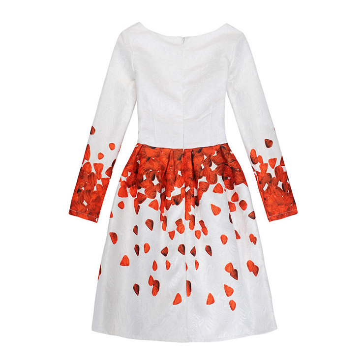 Rose Print Dress, Long Sleeve Dress, Round Collar Dress, Girls Lovely Dress, Vintage Dresses for Girls, Girls Swing Dress, Back Zipper Dress, A-Line Dress, #N15522