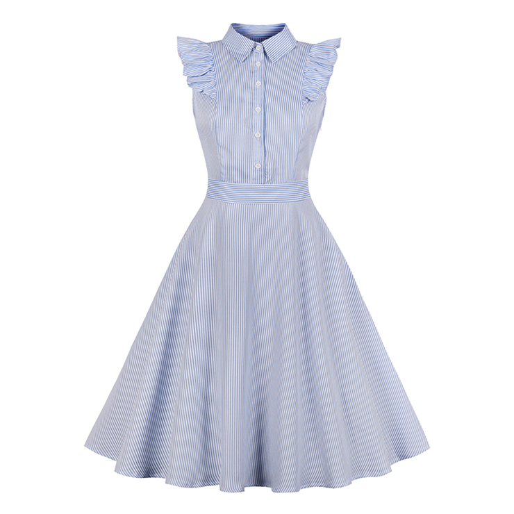 Vintage Turn-down Collar Petal Sleeve Stripe Swing Summer Daily Dress N17688