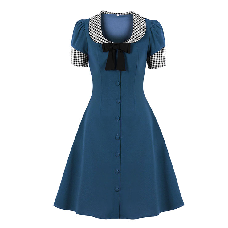 Vintage Peter Pan Collar with Bowknot Front Button Short Sleeve High Waist Party Midi Dress N21706