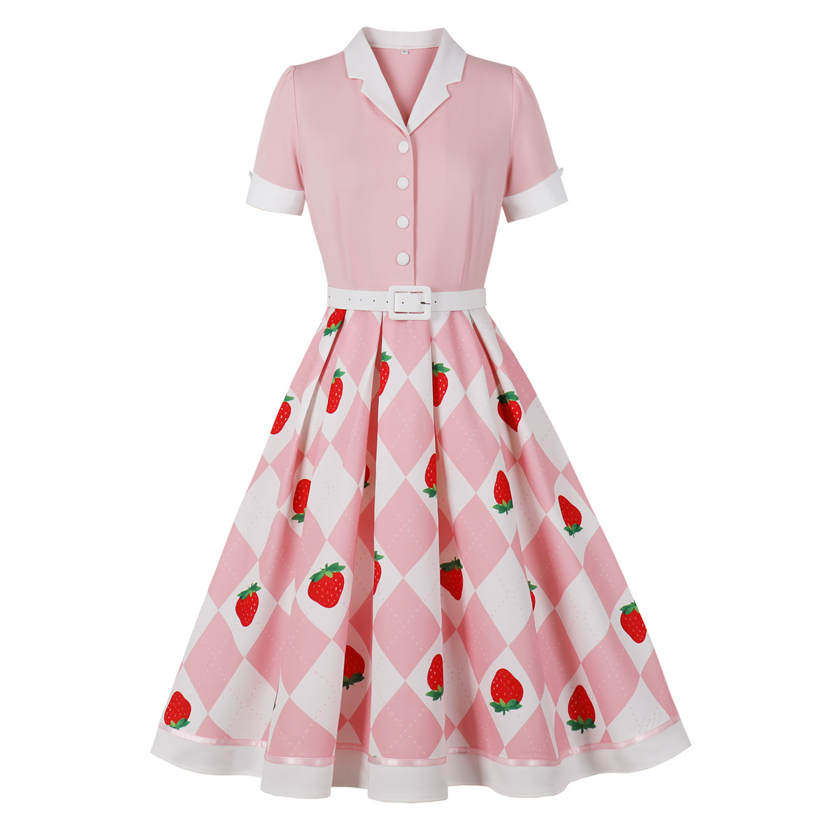Vintage Pink Dress with Strawberry Print and White Waist Belt - Sweetheart Neckline Party Dress for Women N23824