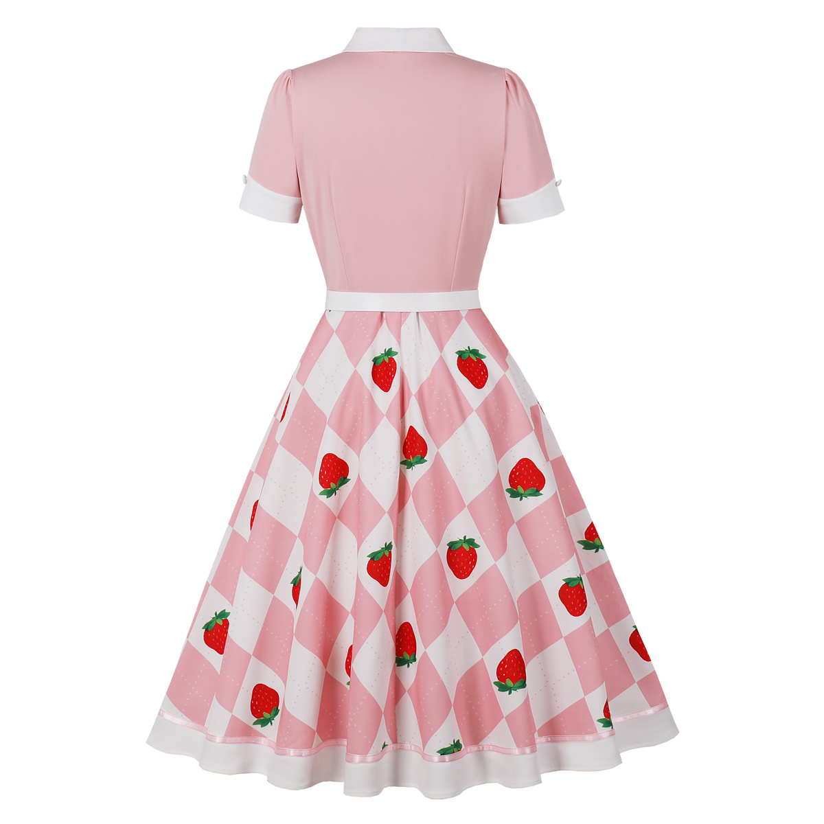 Vintage style, Sweetheart neckline, Puffed lace sleeves, White waist belt with heart-shaped buckle, Strawberry print skirt, Checkered background, A-line silhouette, Mid-length design, Romantic and sweet, Valentine