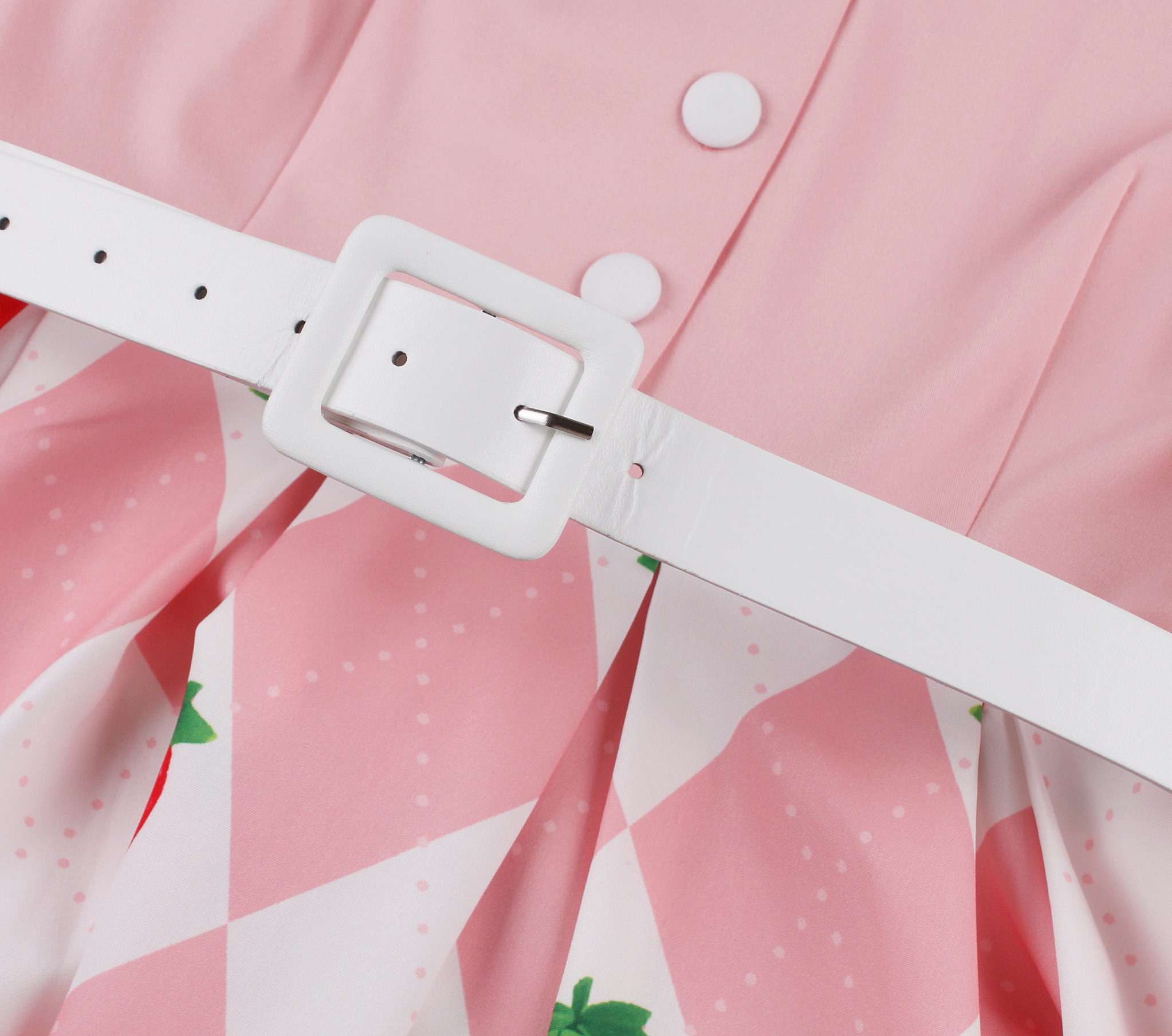 Vintage style, Sweetheart neckline, Puffed lace sleeves, White waist belt with heart-shaped buckle, Strawberry print skirt, Checkered background, A-line silhouette, Mid-length design, Romantic and sweet, Valentine