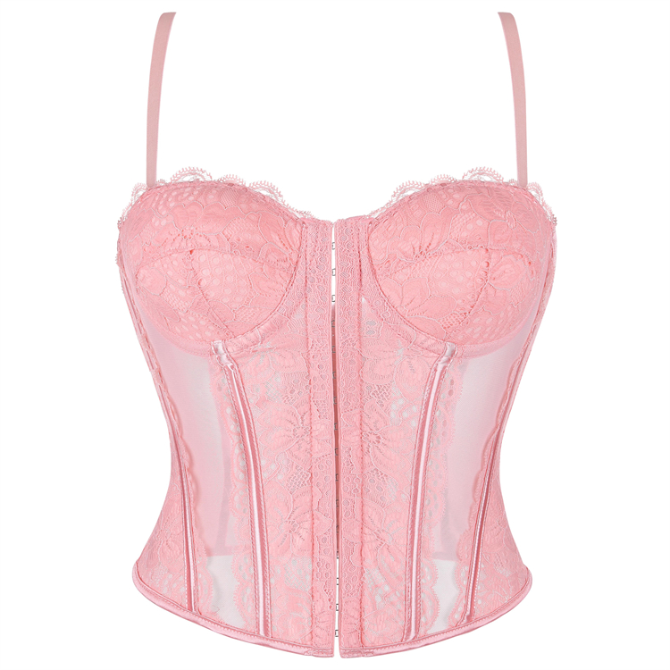 Pink lace corset, Vintage bustier top, Sheer mesh corset, Adjustable spaghetti straps, Gothic lingerie, Halloween costume corset, Burlesque performance wear, Vintage pin-up style, Underwire support top, Themed party lingerie #N23791