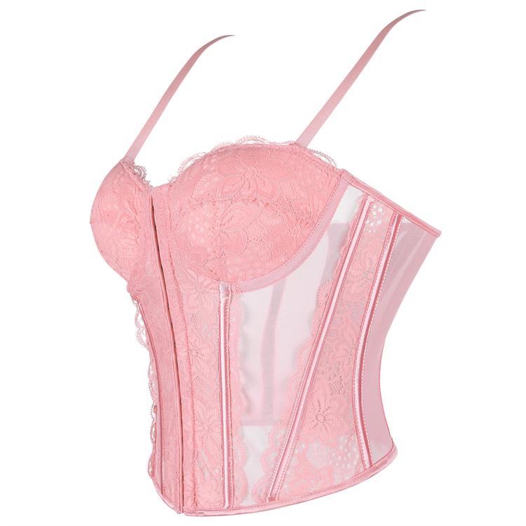 Pink lace corset, Vintage bustier top, Sheer mesh corset, Adjustable spaghetti straps, Gothic lingerie, Halloween costume corset, Burlesque performance wear, Vintage pin-up style, Underwire support top, Themed party lingerie #N23791