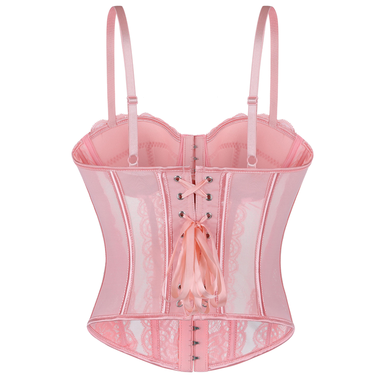 Pink lace corset, Vintage bustier top, Sheer mesh corset, Adjustable spaghetti straps, Gothic lingerie, Halloween costume corset, Burlesque performance wear, Vintage pin-up style, Underwire support top, Themed party lingerie #N23791