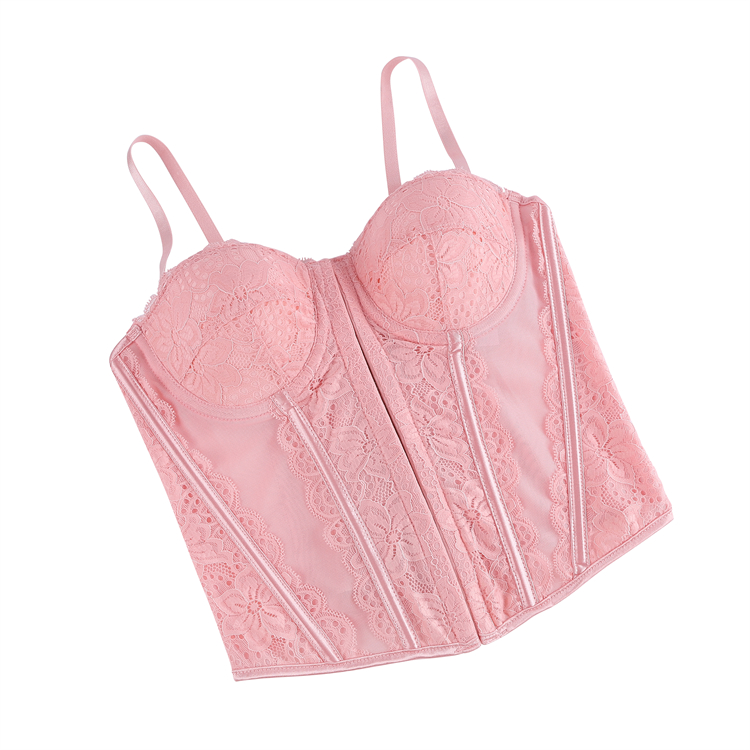 Pink lace corset, Vintage bustier top, Sheer mesh corset, Adjustable spaghetti straps, Gothic lingerie, Halloween costume corset, Burlesque performance wear, Vintage pin-up style, Underwire support top, Themed party lingerie #N23791