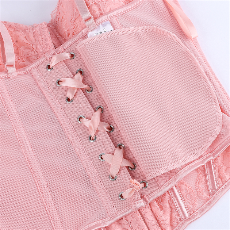 Pink lace corset, Vintage bustier top, Sheer mesh corset, Adjustable spaghetti straps, Gothic lingerie, Halloween costume corset, Burlesque performance wear, Vintage pin-up style, Underwire support top, Themed party lingerie #N23791