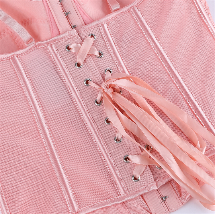 Pink lace corset, Vintage bustier top, Sheer mesh corset, Adjustable spaghetti straps, Gothic lingerie, Halloween costume corset, Burlesque performance wear, Vintage pin-up style, Underwire support top, Themed party lingerie #N23791