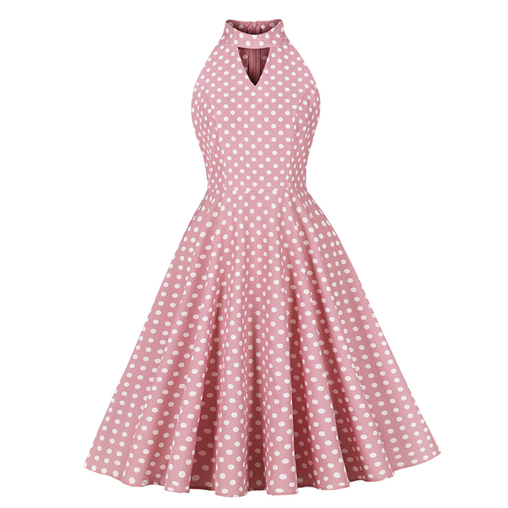 Vintage Pink Polka Dot Halter Swing Dress 1950s Style N23935