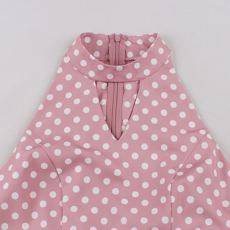 vintage dress, pink polka dot dress, halter swing dress, 1950s retro dress, pin-up dress, keyhole neck dress, flared skirt dress, summer dress, cocktail dress, rockabilly dress, feminine dress, classic polka dot, halter neck dress, vintage inspired, party dress #N23935