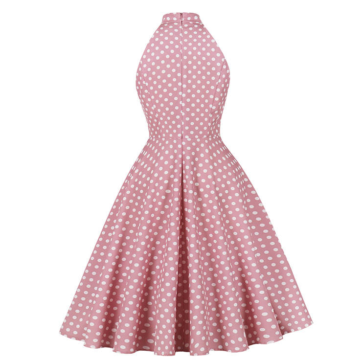vintage dress, pink polka dot dress, halter swing dress, 1950s retro dress, pin-up dress, keyhole neck dress, flared skirt dress, summer dress, cocktail dress, rockabilly dress, feminine dress, classic polka dot, halter neck dress, vintage inspired, party dress #N23935